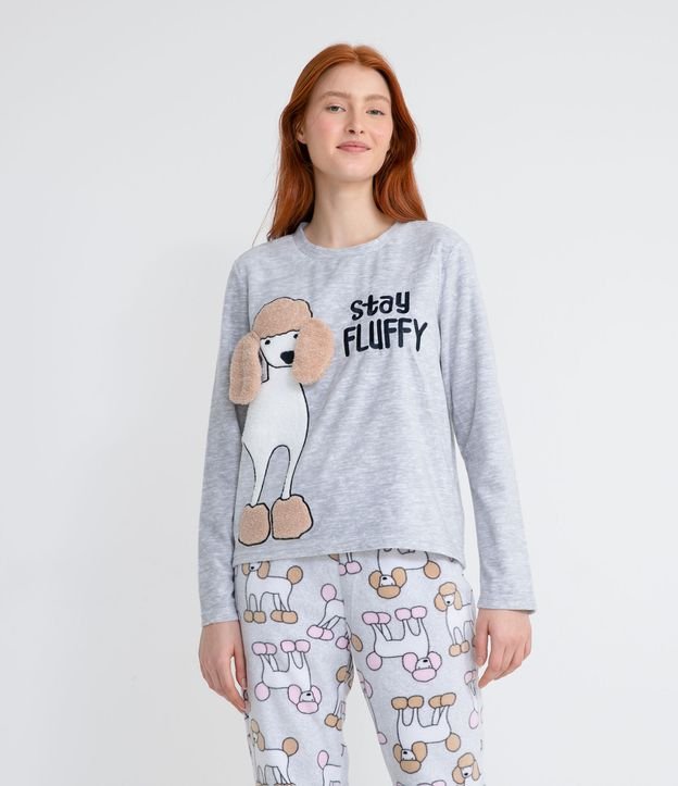 Pijama Largo en Polar con Estampado de Perrito Gris 3