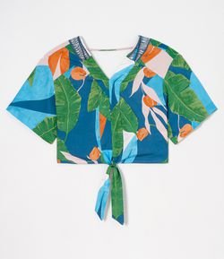 Blusa Manga 3/4 Estampa Folhagem com Detalhes e Amarração 