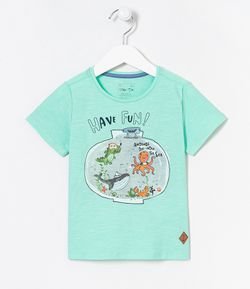 Camiseta Infantil Estampa Aquário com Amigos do Mar - Tam 1 a 5 anos