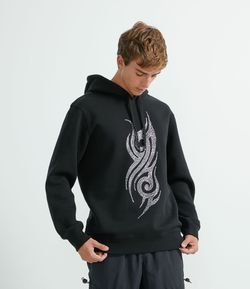Blusão em Moletom com Estampa Tribal e Capuz