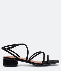 Sandália Salto Bloco Bico Quadrado Cabedal Tiras Satinato