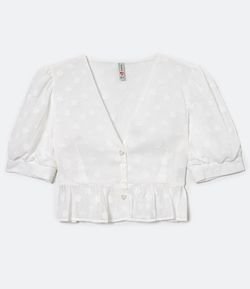 Blusa Curta Gola V com Botões e Manga Bufante