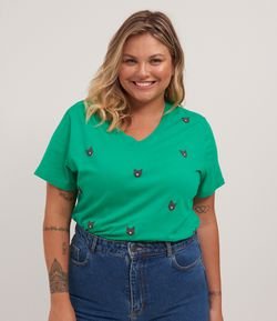 Blusa Manga Curta Decote V Estampa Gatinhos Curve & Plus Size