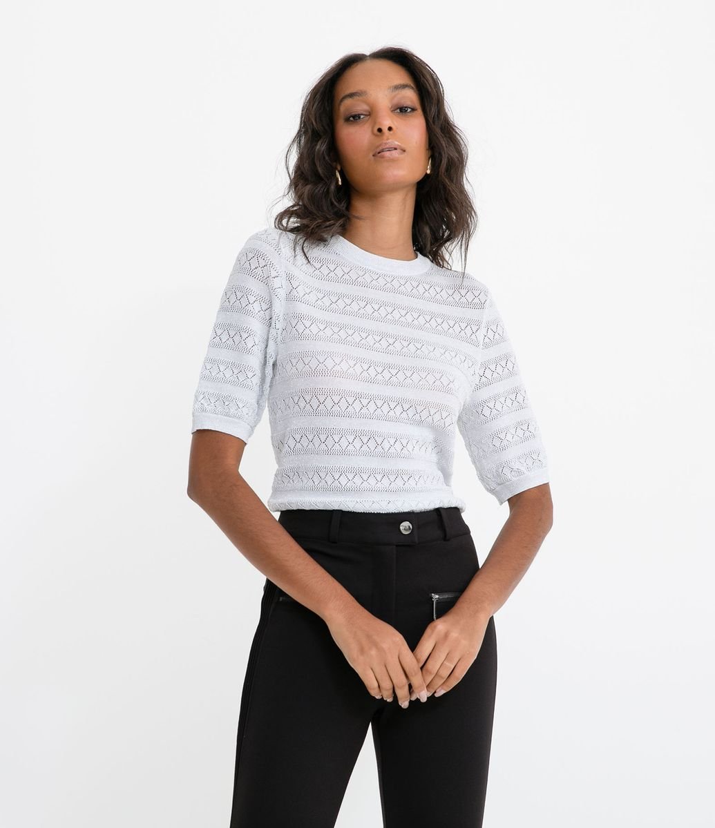 Blusa Manga Curta em Tricô com Fio Metalizado | Menor preço com cupom