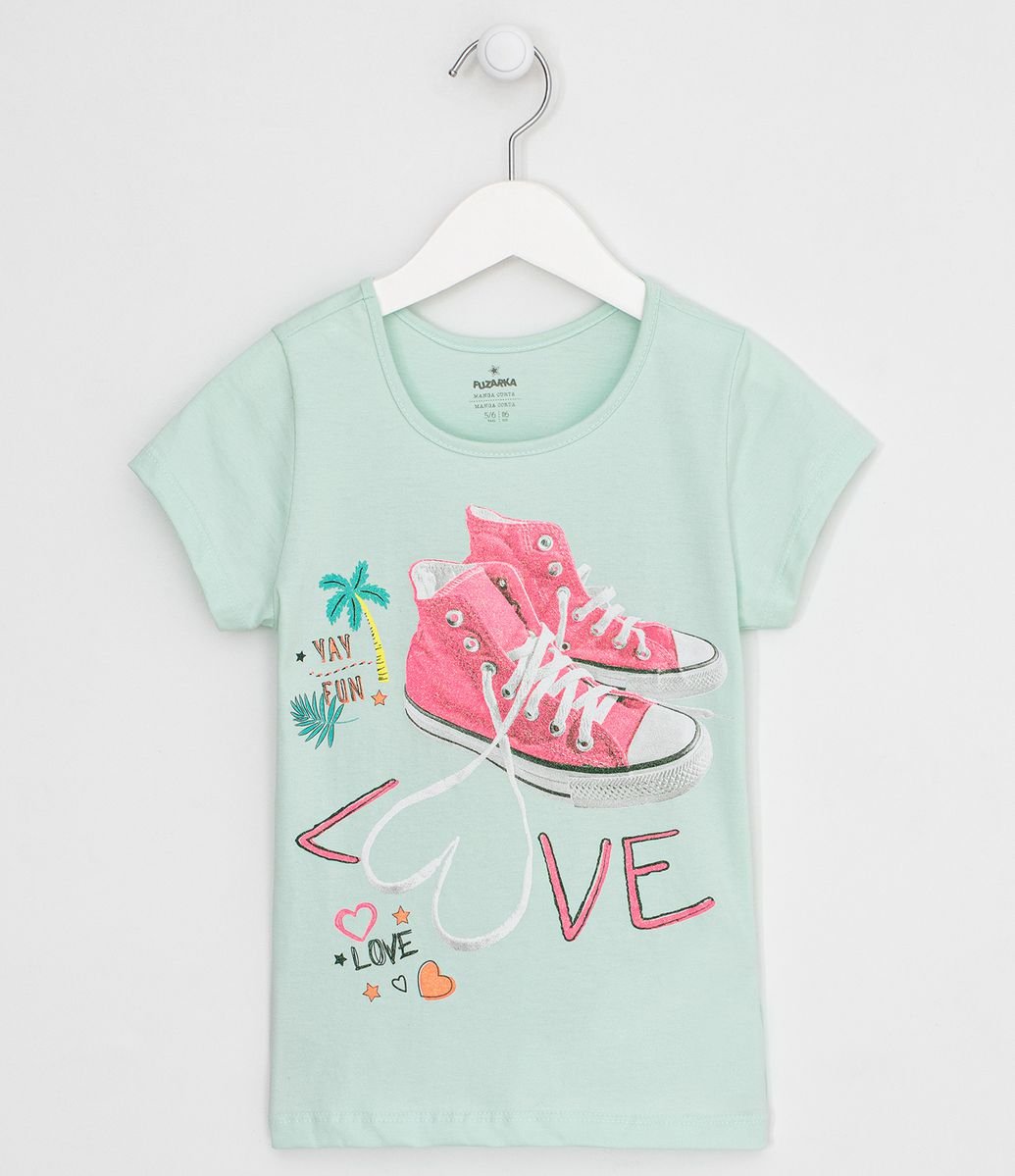 Blusa Infantil Estampa Tênis - Tam 5 a 14 anos Menor preço em Blusa Infantil Estampa Tênis - Tam 5 a 14 anos