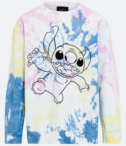 Blusão Fechado Oversized em Moletom com Estampa Tie Dye e Stitch