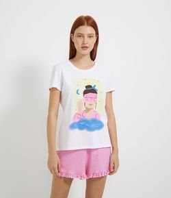 Pijama Manga Curta com Short e Estampa Menina com Máscara