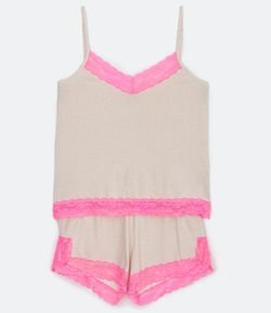 Pijama Short Doll com Blusa de Alcinha e Short Detalhes em Renda Neon