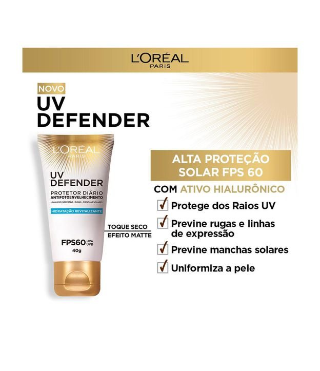 Protetor Solar Facial L'Oréal Paris UV Defender Hidratação FPS 60, 40g 40g 3