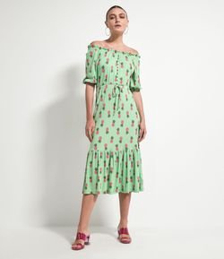 Vestido Midi Ombro a Ombro Estampa Abacaxis com Amarração