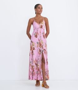 Vestido Longo Estampa Floral com Botões e Babados na Saia