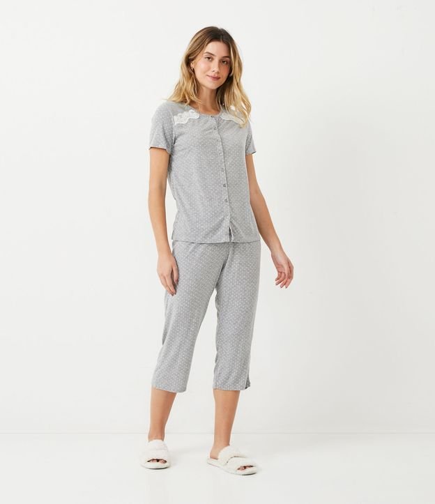 Pijama Longo em Viscolycra com Blusa Manga Curta e Calça Xadrez Pied-de- Poule, Shopping