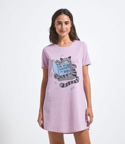 Camisola Manga Curta Estampa Gato com Lettering