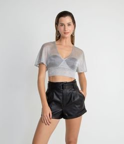 Blusa Cropped em Tricot Metalizado com Decote V Transpassado