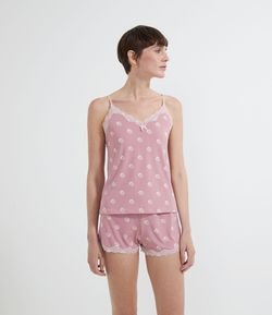 Pijama Short Doll de Alcinha em Liganete com Estampa Poá e Renda 