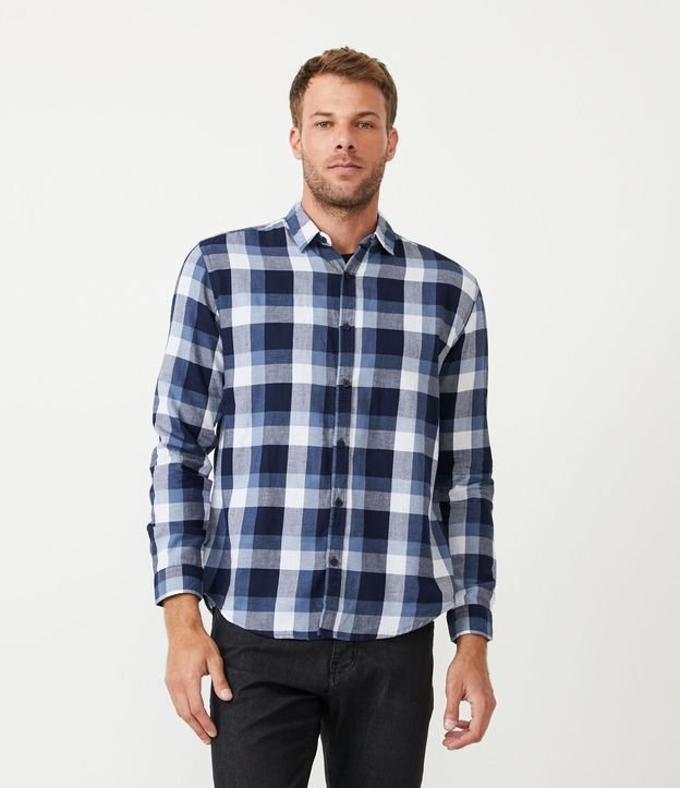 Camisa Comfort em Algodão com Estampa Xadrez Azul 1