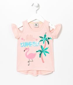 Blusa Infantil Coqueiro e Flamingo Paetês - Tam 1 a 5 anos