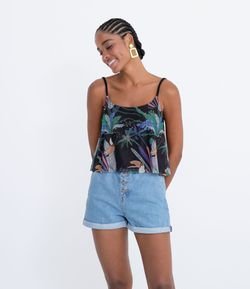 Blusa Cropped em Tule com Alça de Corda Trançada Estampada