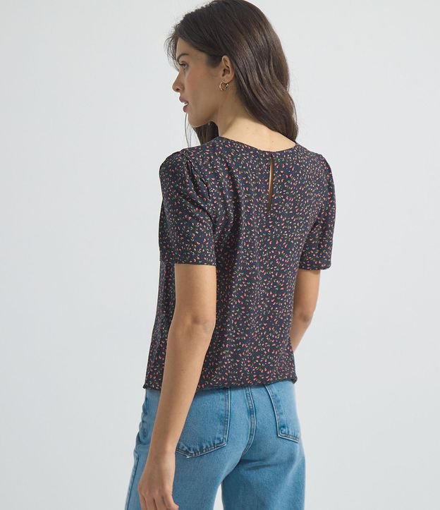 Blusa Manga Corta Frunzido Estampa Floral  Azul 2