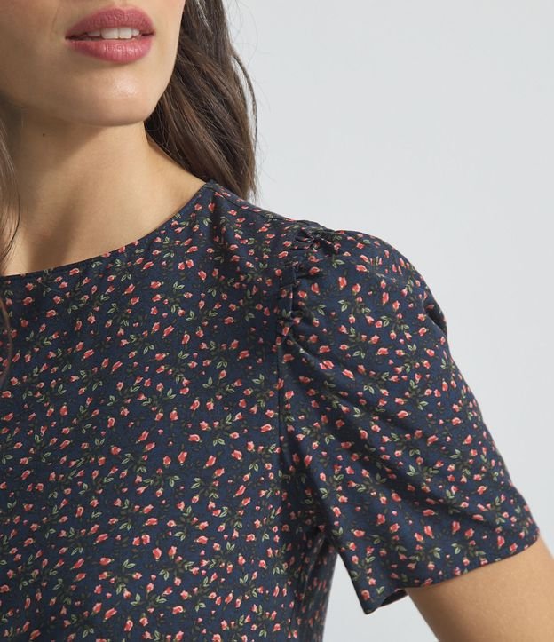 Blusa Manga Corta Frunzido Estampa Floral  Azul 3