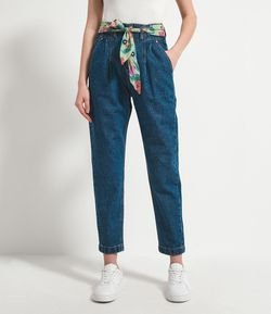 Calça Clochard Jeans Lisa com Cinto Faixa Estampado