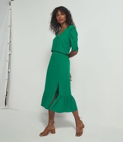Vestido Midi Manga Curta Bufante Liso com Marias