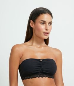 Sutiã Top Faixa com Bojo em Algodão Texturizado com Renda