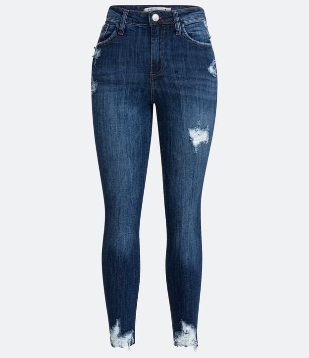 Calça Skinny Jeans com Puídos e Barra Desfiada Azul 7