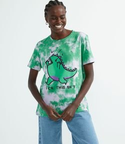 Blusa Alongada Manga Curta em Algodão Tie Dye com Estampa Dinossauro