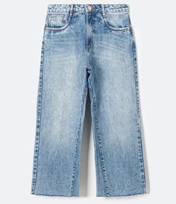 Calça Cropped Reta Jeans Lisa com Barra Desfiada