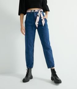 Calça Baggy Jeans Lisa com Cinto Faixa Estampado