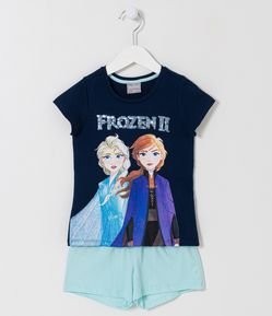 Pijama Curto Infantil Estampa de Elsa e Frozen com Paetê - Tam 1 a 14 anos