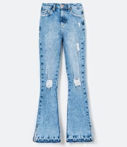 Calça Boot Cut Jeans com Puídos e Bainha Desfeita