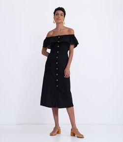 Vestido Midi Ombro a Ombro em Linho