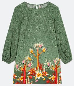 Vestido Manga Longa em Viscose com Estampa de Flores
