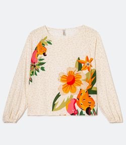 Blusa Bata Manga Longa em Viscose com Estampa de Flores e Cajus