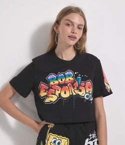 Camiseta Cropped Manga Curta com Estampa Bob Esponja