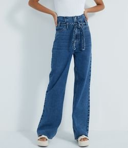 Calça Pantalona Jeans Lisa com Cinto Trançado