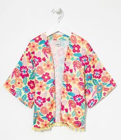 Kimono Infantil Floral Bold Barra com Pompons - Tam 5 a 14 anos