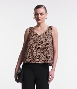 Blusa Regata com Decote V e Estampa Animal Print Onça