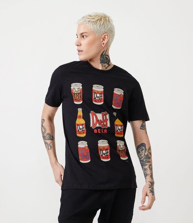 Camiseta Regular em Meia Malha com Estampa de Rótulos Duff Beer Preto 1