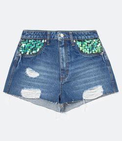 Short Cintura Alta Jeans Liso com Barra Desfiada e Paetês