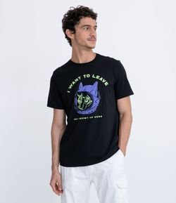 Camiseta Manga Curta em Algodão Estampa Gato Astronauta