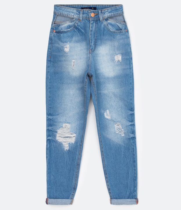 Calça Mom Jeans com Espelho do Bolso Vazado e Puídos