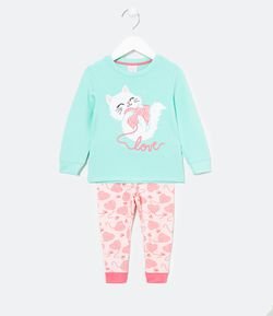 Pijama Infantil Longo com Toque Suave Estampa Gatinho e Novelo - Tam 1 a 4 anos
