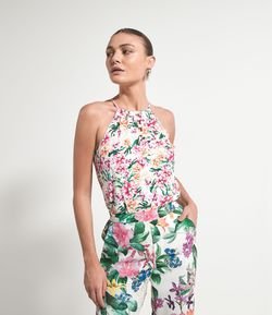 Blusa Regata Floral em Crepe com Bolas no Decote