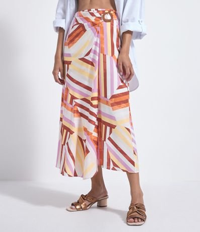 Saia Midi em Viscose com Estampa Geométrica e Fivela Menor preço em Saia Midi em Viscose com Estampa Geométrica e Fivela