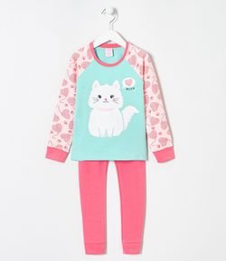 Pijama Infantil Longo Toque Suave Estampa Gatinho - Tam 5 a 14 anos