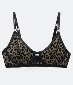 Sutiã sem Bojo com Aro em Tule Flocado Estampa Animal Print Onça