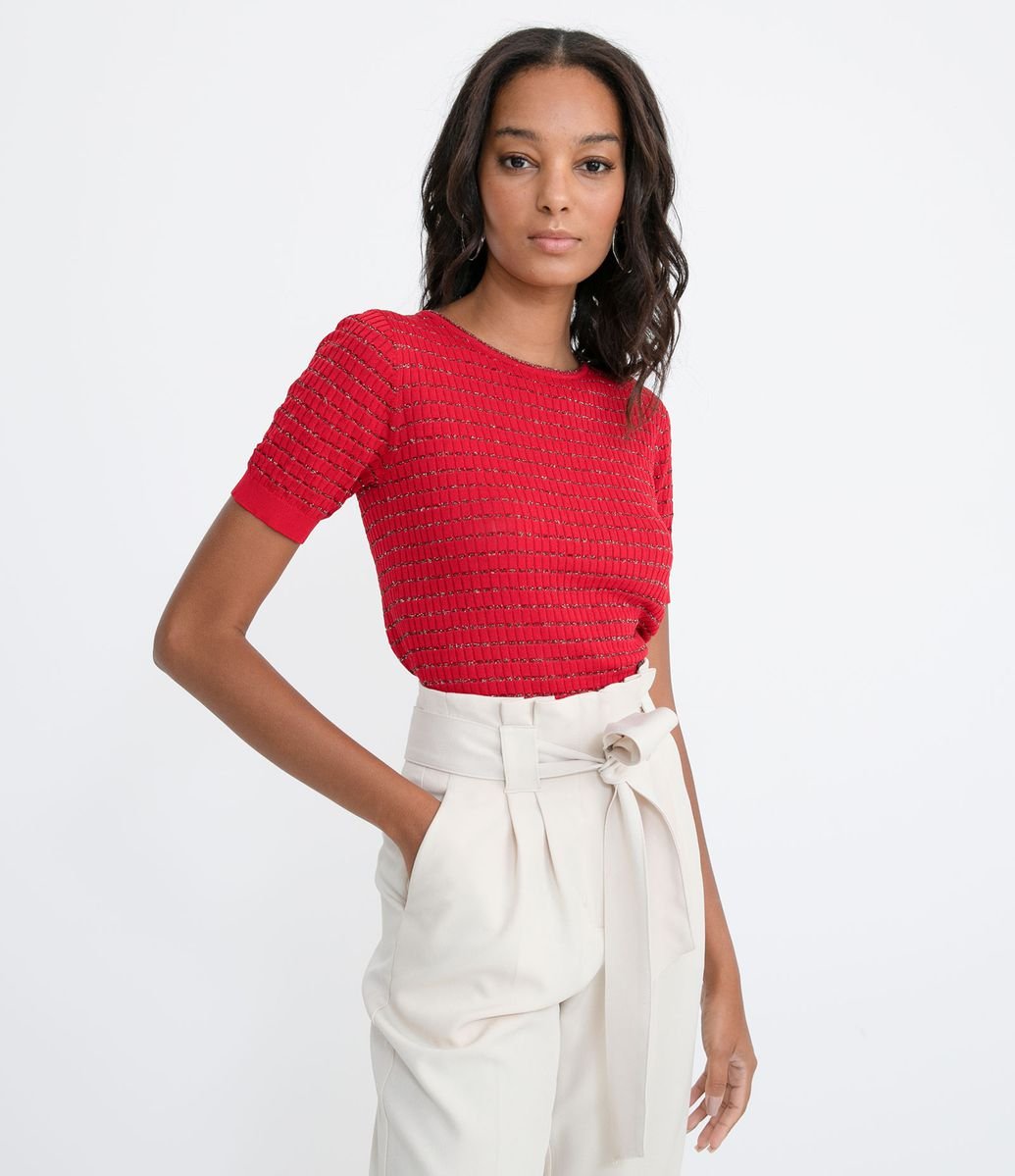 Blusa Manga Curta em Tricô com Fio Metalizado Vermelho